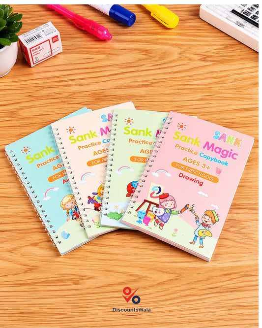 Reusable Magic Copybook Set for Kids – 4 Books (Drawing, Math, Alphabets, Numbers) + 1 Magic Pen + 10 Refills | Best Learning Gift for Toddlers Age 3+