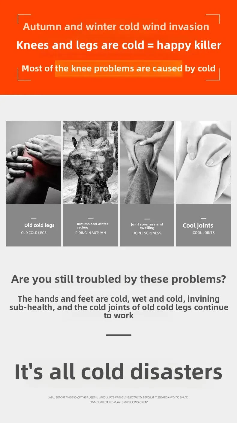 Advertisement about knee and leg cold issues with text and images of people holding their knees and legs.