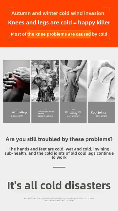 Advertisement about knee and leg cold issues with text and images of people holding their knees and legs.